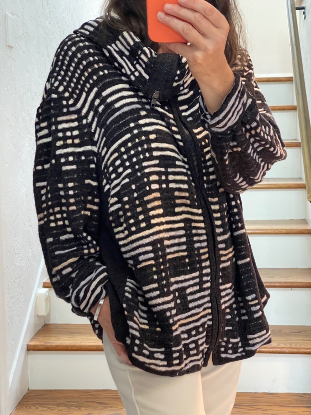 Nic + Zoe brown cream abstract striped oversized  knit cardigan women L - XL